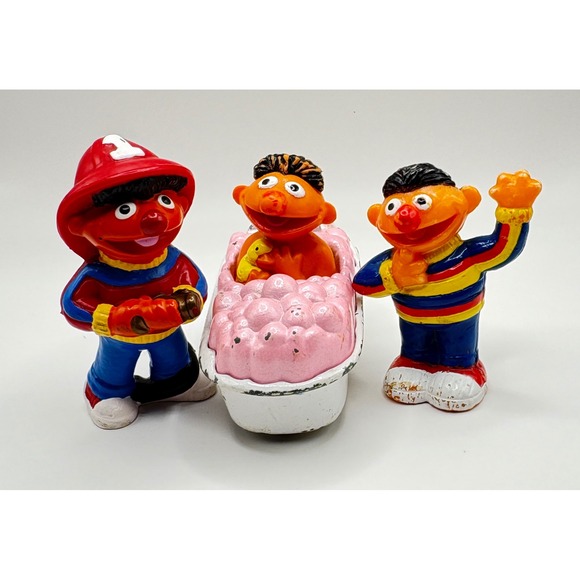 Playskool Other - Vintage 1987 Playskool Sesame Street Ernie PVC Figure Lot Bathtub Fireman 3pc